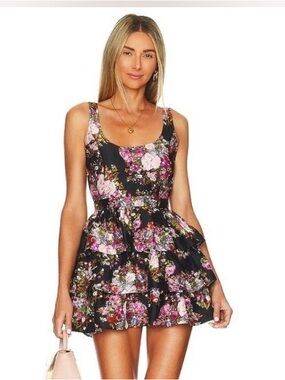 LoveShackFancy Black Floral Tiered Scoop-Neck Mini Dress